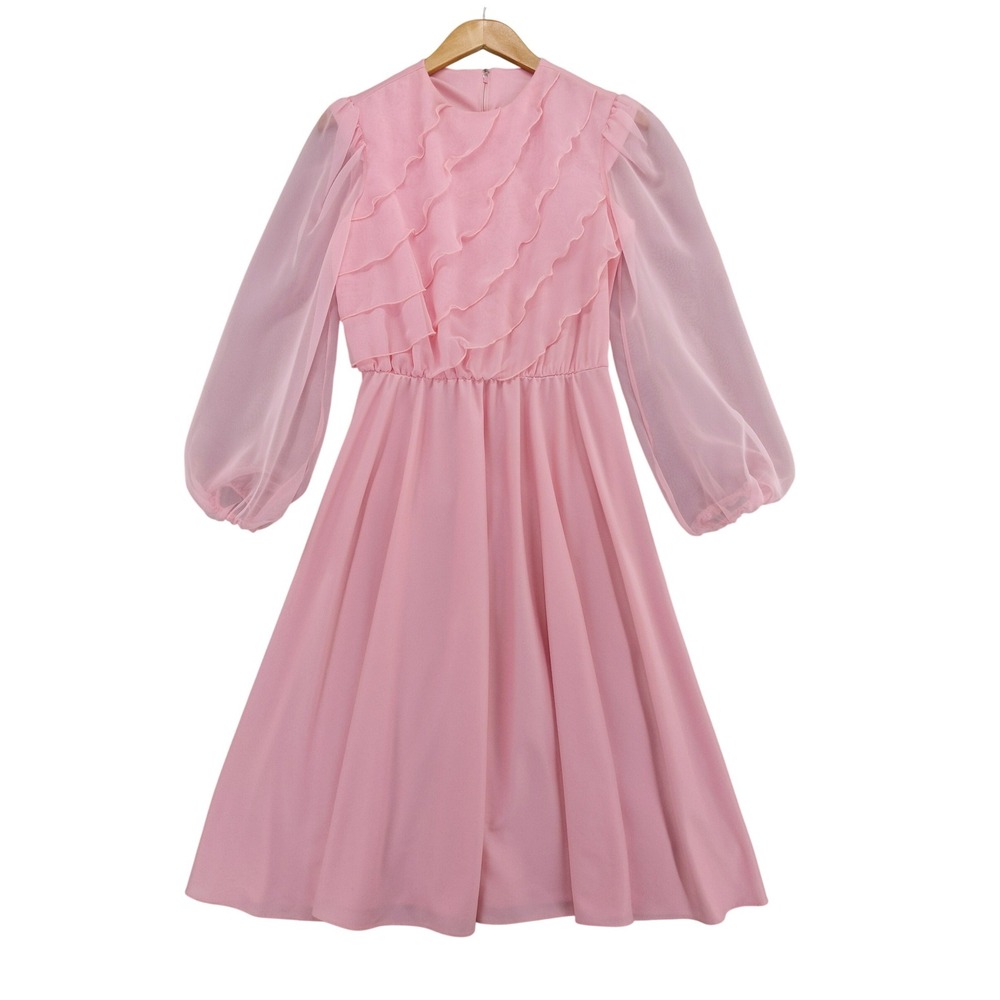 vtg 70s/80s Ruffle Midi‎ Dress Sz S/M Pink Sheer Balloon Sleeve Romantic Amy-Deb